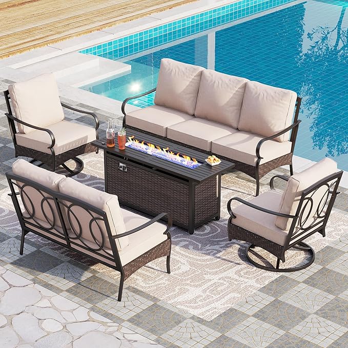 Patio Furniture Set with 56" Fire Pit Table, Premium Outdoor Wicker Metal Frame Furniture with Upgraded Waterproof Thick Cushions for Porch, Poolside, Deck, and Yard