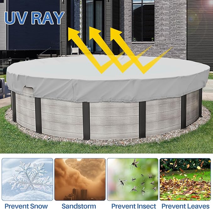 ECOOPTS Waterproof Round Polyester Pool Cover for Above Ground Pools, Swimming Pool Cover Protector Winter Safety Cover (10 ft, Light Grey)