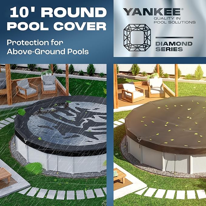 Yankee Diamond Series Pool Covers for Above Ground Pools | All-Weather, Windproof, Light 10ft Round Pool Cover w/ 4 Screw-In Pegs, 4 Ropes | 3 Mounting Methods, Strong Fastenings for Triple Protection