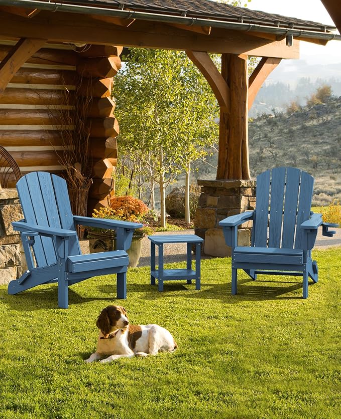 SERWALL Folding Adirondack Chair Set of 4, Adjustable Adirondack Chair with 3 Recline Positions, All Weather HDPE Outdoor Adirondack with Cup Holders, Blue
