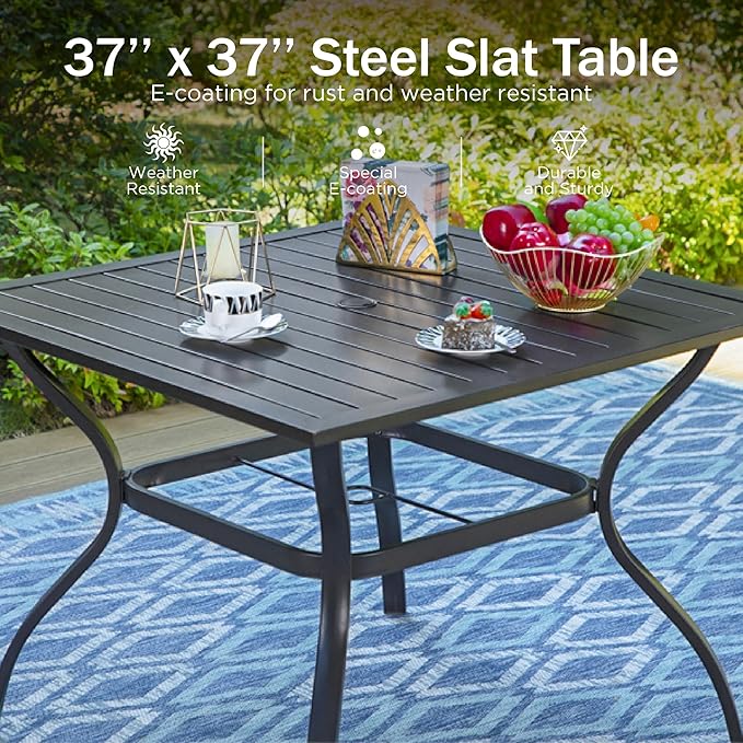 PHI VILLA Patio Dining Set 5 pcs with Umbrella(Navy Blue),1 Square Metal Table& 4 Metal Outdoor Stackable Chairs and 1 10ft 3 Tier Auto-tilt Umbrella (Base Not Included)