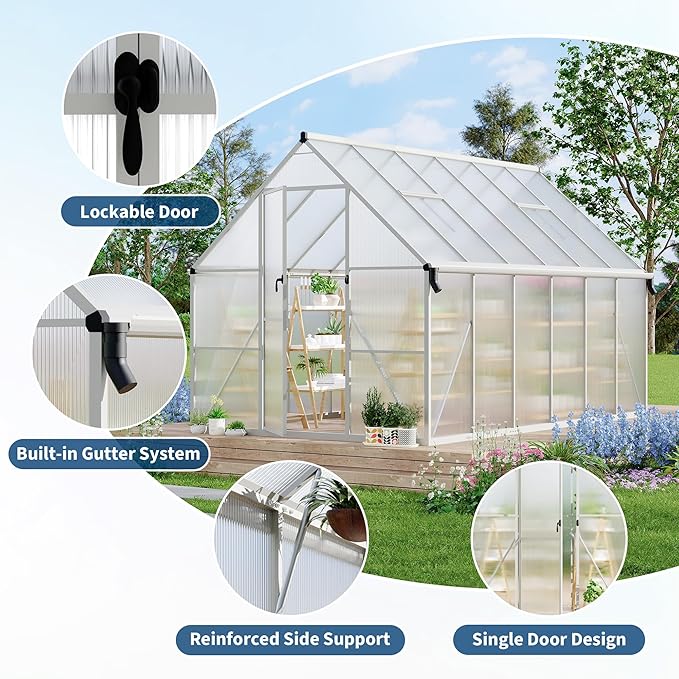 8X12 ft Polycarbonate Greenhouse with Aluminum Frame, Polycarbonate Greenhouse for Outdoors, Greenhouses with Ventilation and Rain Gutter, Aluminum Large Walk-in Greenhouses for Outside
