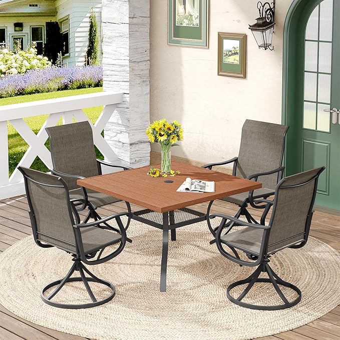 DIFY 5 Pieces Outdoor Patio Dining Set for 4, 38.6" Walnut Square Patio Dining Table and 4 Brown Swivel Textilene Chairs with Curved Armrest, Patio Table and Chairs