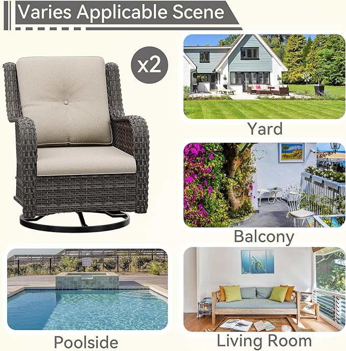 Outdoor Swivel Rocker Patio Chairs Set of 2 - Outdoor Wicker Patio Conversation Sets 2 Pieces with Olefin Fabric Cushions Suitable for Backyard Deck and Porch, Beige