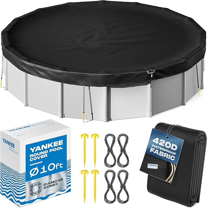 Yankee Diamond Series Pool Covers for Above Ground Pools | All-Weather, Windproof, Light 10ft Round Pool Cover w/ 4 Screw-In Pegs, 4 Ropes | 3 Mounting Methods, Strong Fastenings for Triple Protection