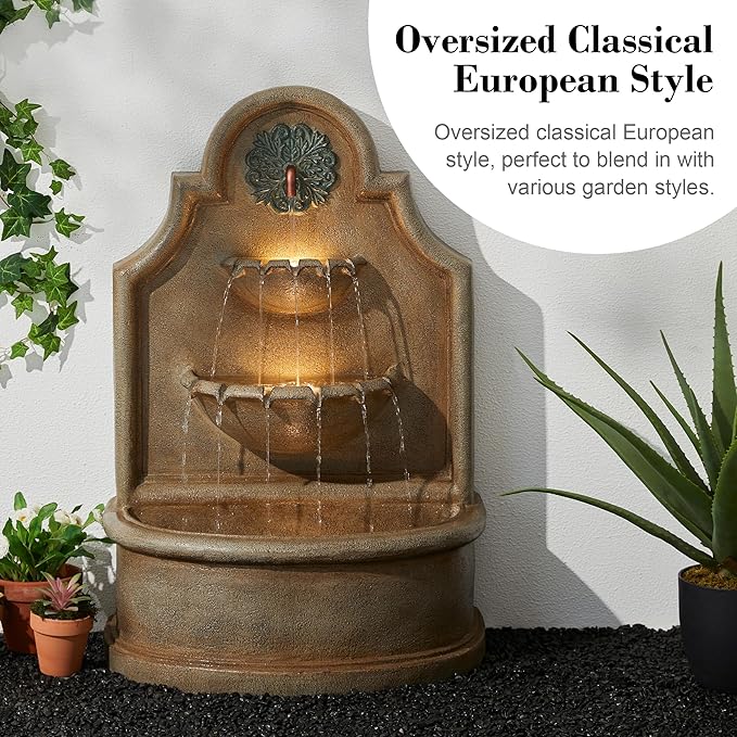 Glitzhome Outdoor Wall Mounted Water Fountain with LED Lights and Pump, Oversized Antique European Style 3-Tier Polyresin Cascading Floor-Standing Fountain for Porch Deck Patio Backyard, 37.25" H