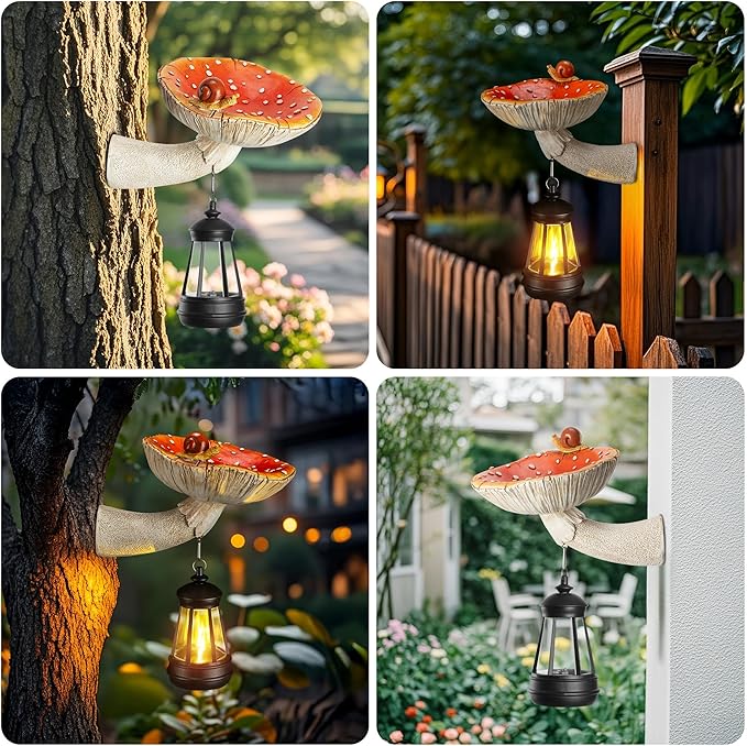 Mushroom with Snail and Lantern Cute Solar Statue Light Garden Decoration Resin Decoration Painted Design Craft Ornament for Indoor Outdoor Gift(Red)