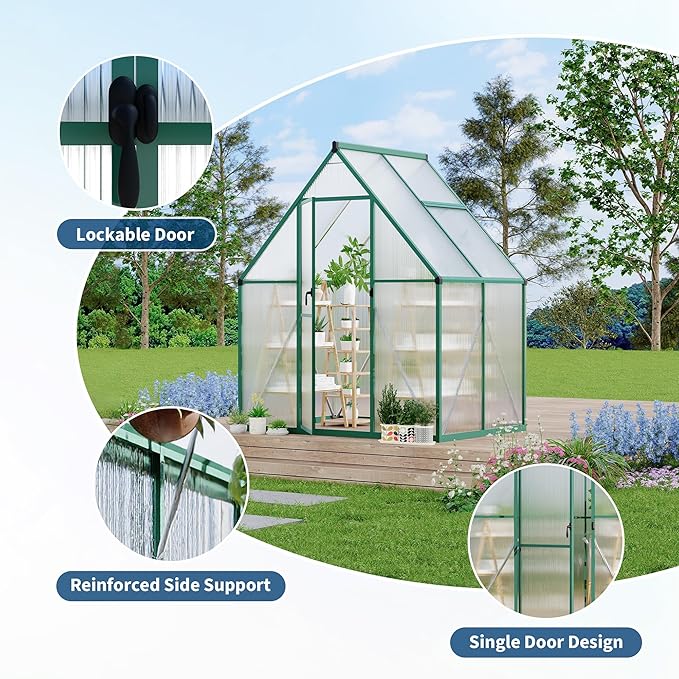 6X4 ft Polycarbonate Greenhouse with Aluminum Frame, Polycarbonate Greenhouse for Outdoors, Greenhouses with Ventilation, Aluminum Large Walk-in Greenhouses for Outside