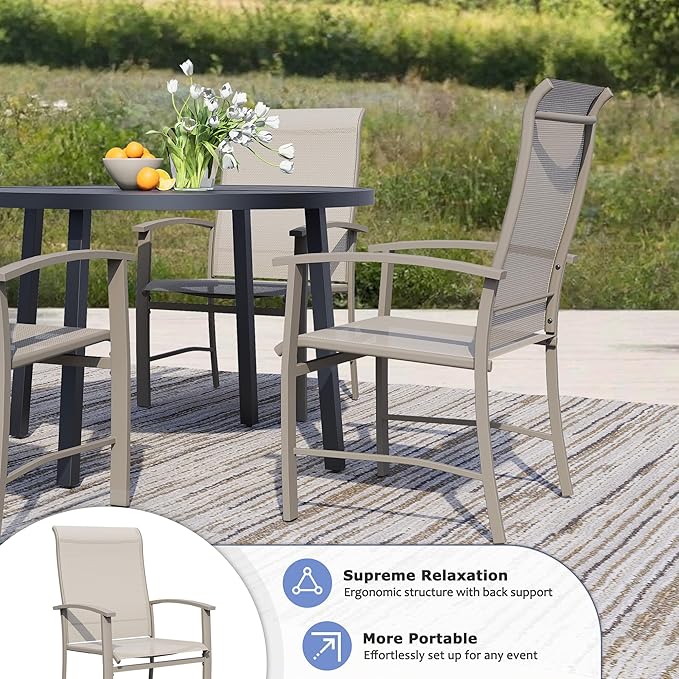 Outdoor Dining Chairs Set of 4, Stackable Patio Chairs with Metal Frame & Textilene Fabric, Perfect for Patio Garden Deck, Ivory