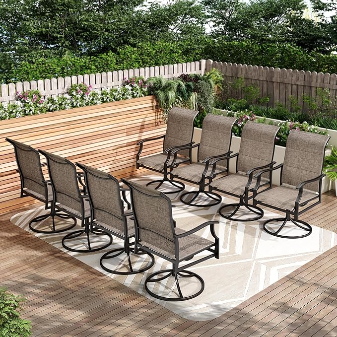 PHI VILLA Swivel Patio Dining Chair with 42" High Back, Padded Textilene Deep Seating Outdoor Chairs with Armrest & E-Coating Frame, All Weather-Resistant for Deck Lawn Garden, Set of 8