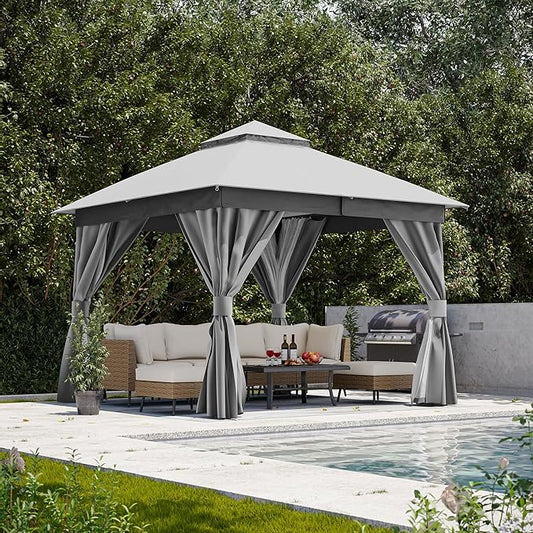 Outdoor Patio Gazebo 10FT, Heavy Duty Party Tent & Shelter with 2-Tier Roof and Expansion Bolts, Mosquito Nettings and Privacy Screens for Backyard, Garden, Poolside, Gray