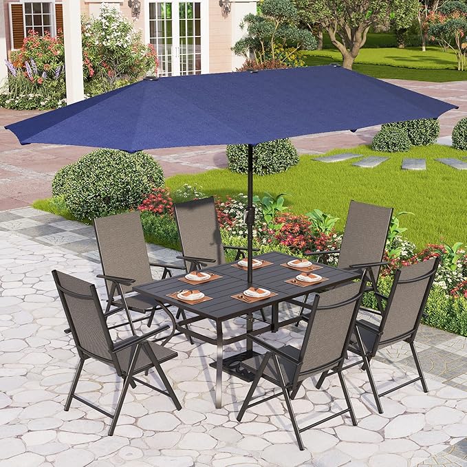 PHI VILLA 7 Piece Patio Dining Furniture Set with Umbrella (Blue), Outdoor Table and Chairs for 6, Foldable Patio Dining Chairs (Black) with Adjustable Backrest & Metal Dining Table for Garden, Deck