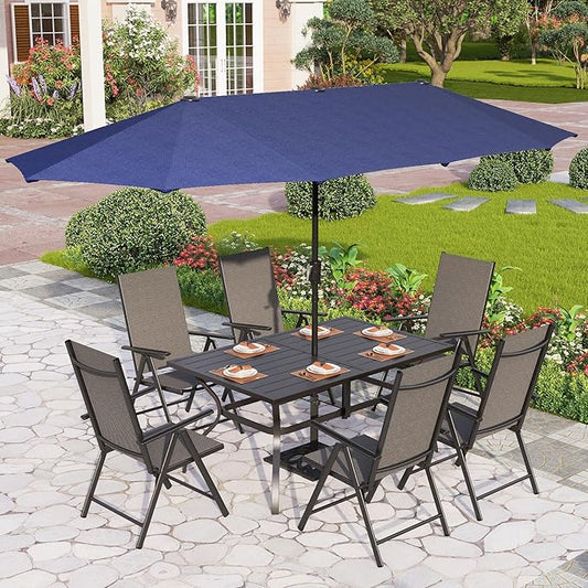 PHI VILLA 7 Piece Patio Dining Furniture Set with Umbrella (Blue), Outdoor Table and Chairs for 6, Foldable Patio Dining Chairs (Black) with Adjustable Backrest & Metal Dining Table for Garden, Deck