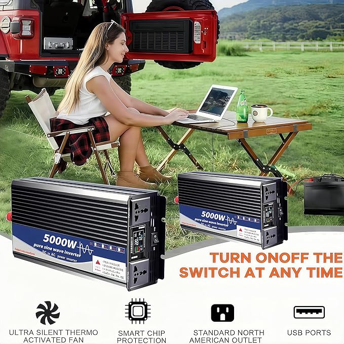 5000W Power Inverter 24V DC to 110V AC Converter with LED Display Dual AC Outlets Dual Fans Radiating for RV, Camp, Boat and Home Emergency Portable Pure Sine Wave Inverter (Smart Screen, 5000W 24V)