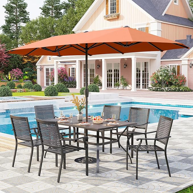 PHI VILLA 7 Pieces Patio Dining Set for 6 with 13ft Large Patio Umbrella, Metal Outdoor Stackable Wrought Iron Chair Set of 6 & 60"X38" Metal Dining Table,Market Table Orange Red Umbrella