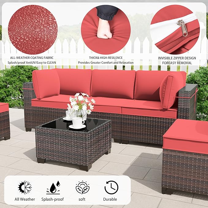 Outdoor Patio Furniture Set, 9 Pieces Outdoor Furniture All Weather Patio Sectional Sofa PE Wicker Modular Conversation Sets with Coffee Table,8 Chairs & Seat Clips(Red)