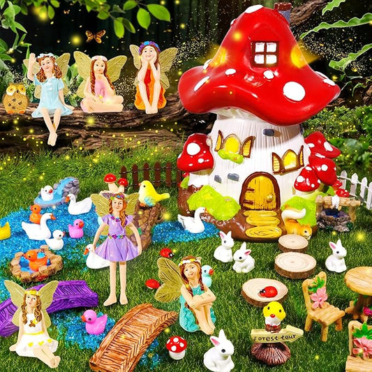 56 Pcs Fairy House Garden Kit Miniatures Fairy Garden Accessories Mini Resin Figurines Animals Decor Mushroom House Outdoor Ornaments for DIY Micro Landscape Ornament
