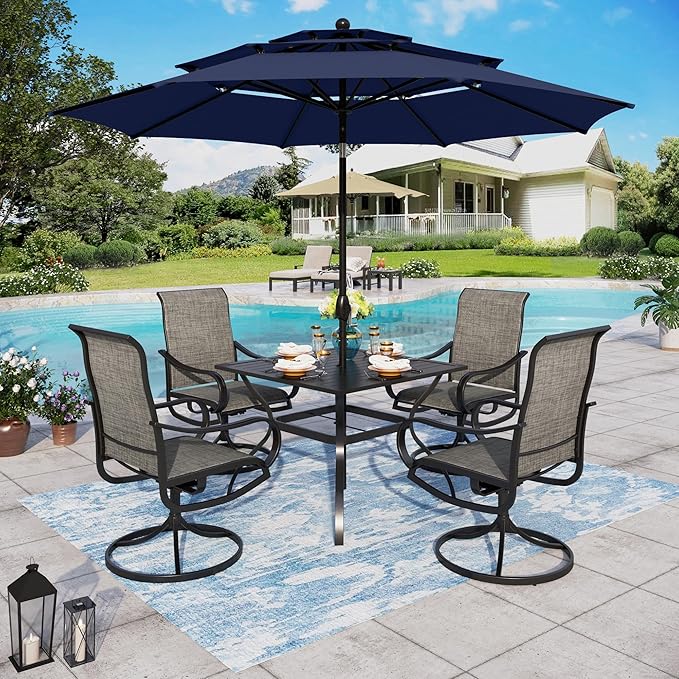 Sophia & William 6-Piece Outdoor Dining Set with 3-Tier Navy Patio Umbrella, Windproof, 4 Swivel Dining Chairs, Table and Chairs for Garden Backyard