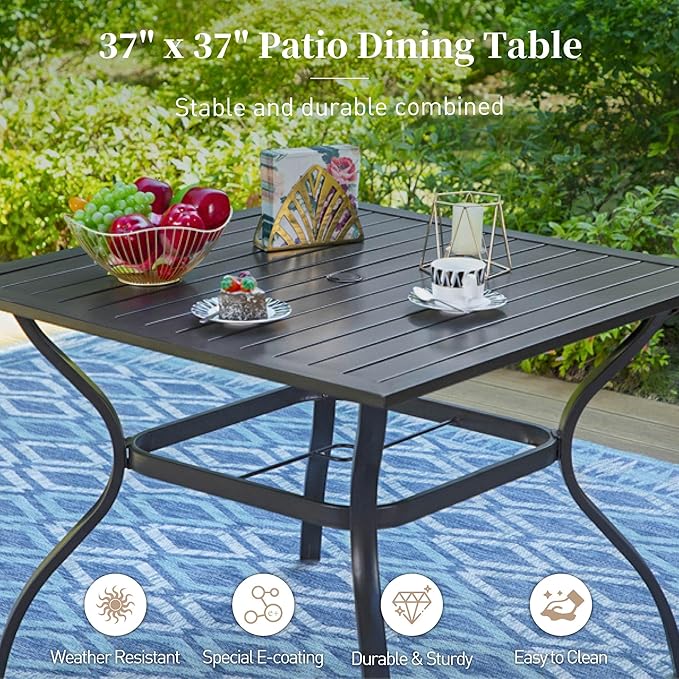 Patio Dining Set of 4, 37”Square Table with Umbrella Hole, Brown Metal Chairs x 4, Outdoor Table and Chairs for Lawn and Deck