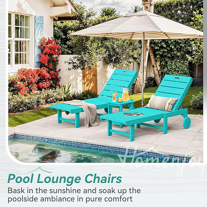 Outdoor Chaise Lounge Chairs with Table, 6-Piece, 26.8” Super Wide Lounge Chair Outdoor, HDPS Pool Chairs with 5 Positions, Patio Lounge Chair with Wheels for Pool,Lawn,Backyard, Aruba Blue