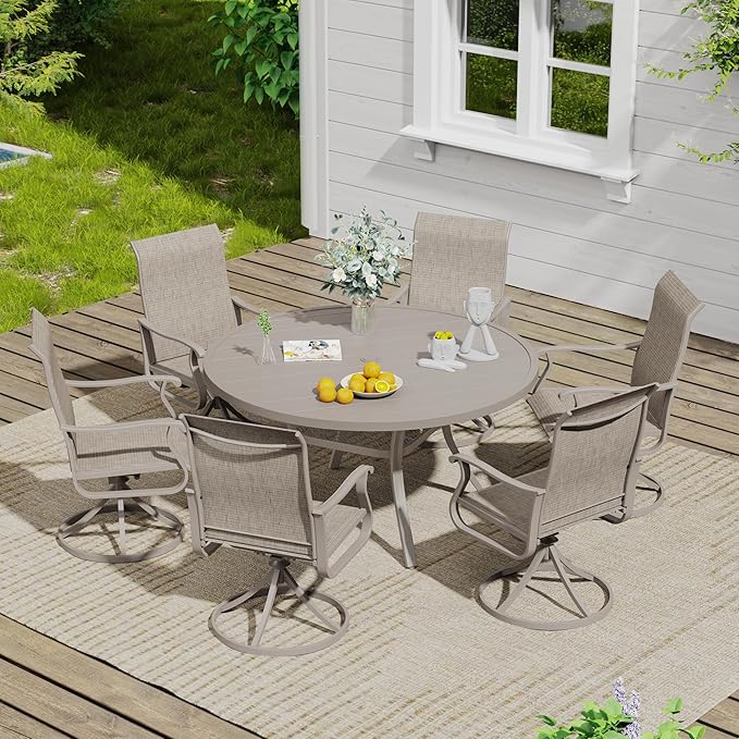 VICLLAX Outdoor Patio Round Dining Table, 47"x 47" Metal Slatted Round Tabletop with Adjustable Umbrella Hole for Deck Lawn Garden Backyard, Sandshell