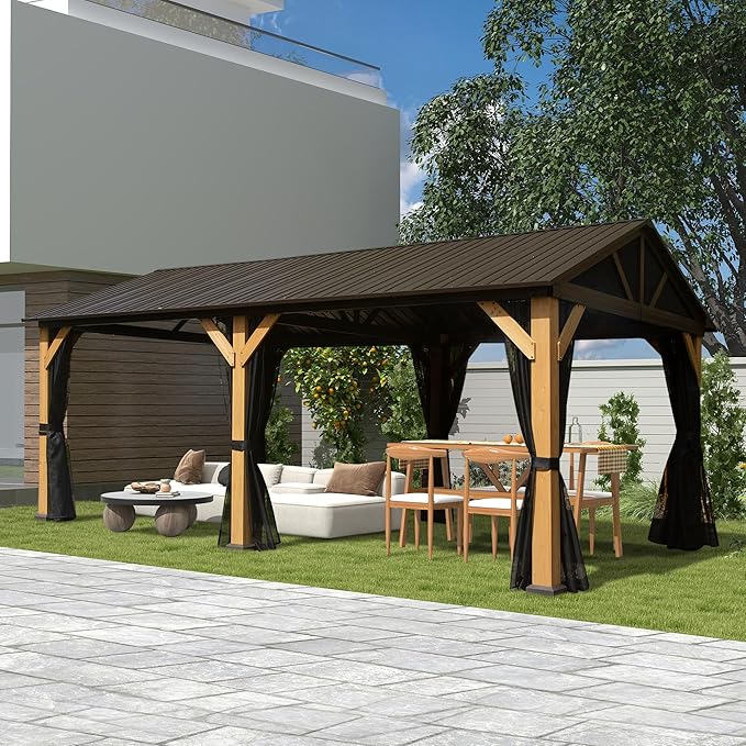 Domi 12x20FT Cedar Wood Hardtop Gazebo with Curtains and Netting, Galvanized Steel Gable Roof, Hooks, Heavy Duty Outdoor Pavilion All Weather Pergola for Patio, Deck, Backyard