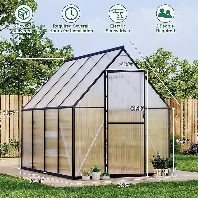 6'x7' Aluminum-Framed Polycarbonate Greenhouse, Heavy Duty Polycarbonate Greenhouse with Quick Setup Structure and Roof Vent, Large Enhanced Aluminum GreenhouseKit for Outdoors