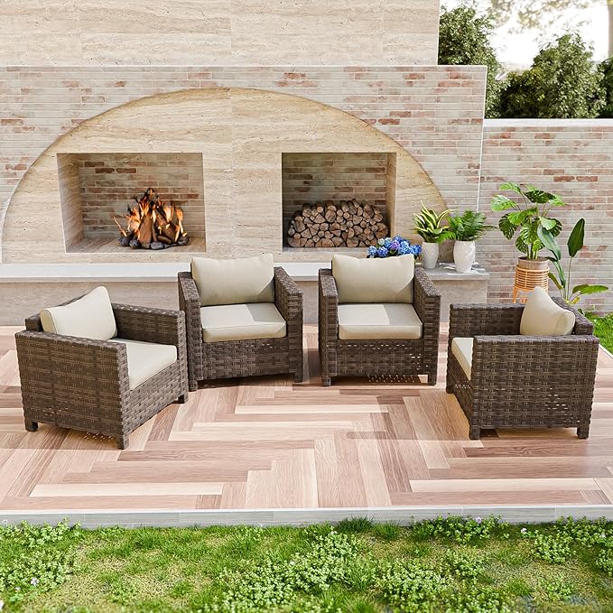 EAGLE PEAK Harbor Haven 4 Piece Wicker Patio Chair, Deep Seating Armchair, Weather Resistant Outdoor Furniture for Patio, Deck, Garden, Brown/Beige