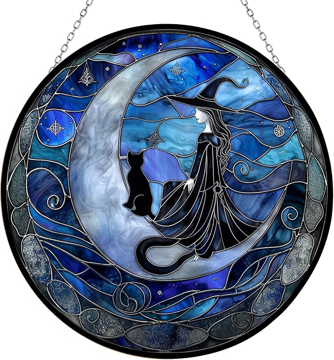 Spooky Witch Stained Glass Window Hanging Window Suncatcher 12" Glass Panel with Metal Chain and Hooks Sun Catchers Indoor Wall Art Home Decor Gift for Women Mother's Day