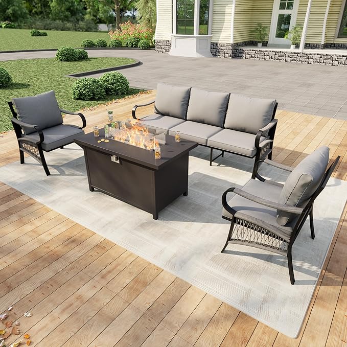 4 Pieces Patio Conversation Sets, All Weather Metal Outdoor Furniture Set, 3-Seater, 2 Single Chairs, 1 Fire Pit Table for Backyard Garden Deck Porch Poolside, Gray