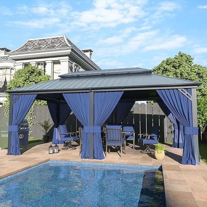 12' x 20' Hardtop Gazebo,Outdoor Galvanized Steel Metal Double Roof Gazebo with Curtains and Netting for Patios, Gardens, Lawns,Navy Blue