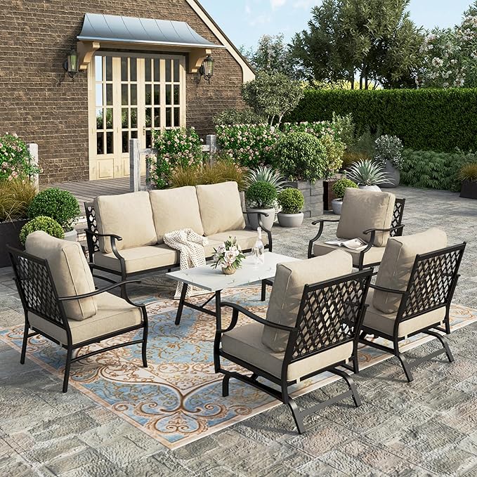 HERA'S HOUSE 6 Piece Patio Furniture Set, 2 x Rocking Chair, 2 x Fixed Chair, 1 x 3-Seat Sofa with Marbling Coffee Table, All Cushioned 7 Seats Outdoor Conversation Set for Lawn Garden Backyard