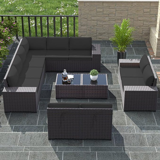 Outdoor Patio Furniture Set, 12 Pieces Outdoor Furniture All Weather Patio Sectional Sofa PE Wicker Modular Conversation Sets with Coffee Table,10 Chairs & Seat Clips(Black)