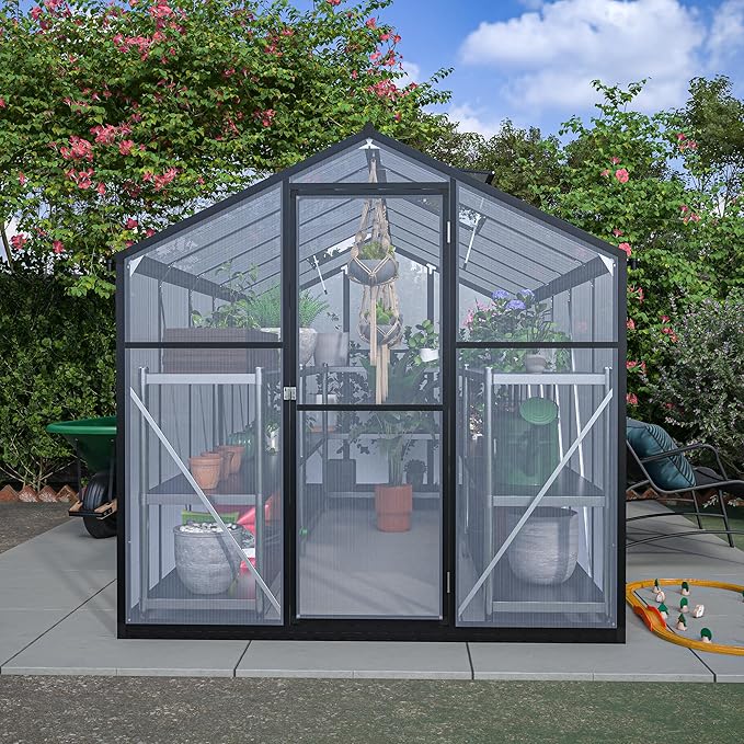 Favfurish 6x12 FT Greenhouses for Outdoors,Heavy Duty Polycarbonate Greenhouse,Lockable Walk-in Green House Sunroom w/ Roof Vent,Aluminum Hot House for Garden Plants Backyard Patio,Black