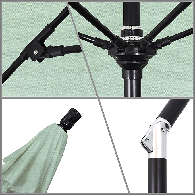 California Umbrella 9' Round Aluminum Pole Fiberglass Rib Market Umbrella, Crank Lift, Collar Tilt, Black Pole, Sunbrella Spectrum Mist