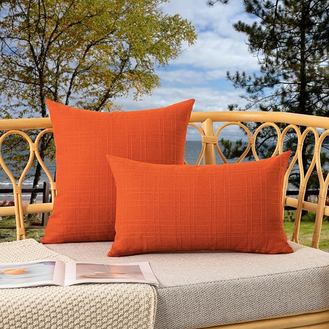 Kevin Textile Fall Outdoor Waterproof Throw Pillow Covers Decorative Farmhouse Water Resistant Checkered Cushion Covers for Tent Patio Garden Couch Sofa Pack of 2 (12x20 Inch Orange)