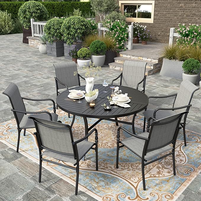 HERA'S HOUSE Patio Table and Chairs, 7 Pieces Outdoor Dining Set, 1 x Round Metal Table with 1.57”-1.9” Umbrella Hole, 6 x Grey Armrest Chairs for Deck Porch Backyard