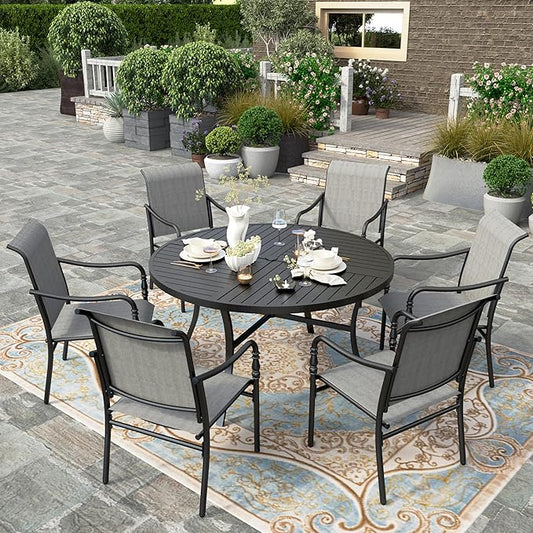 HERA'S HOUSE Patio Table and Chairs, 7 Pieces Outdoor Dining Set, 1 x Round Metal Table with 1.57”-1.9” Umbrella Hole, 6 x Grey Armrest Chairs for Deck Porch Backyard