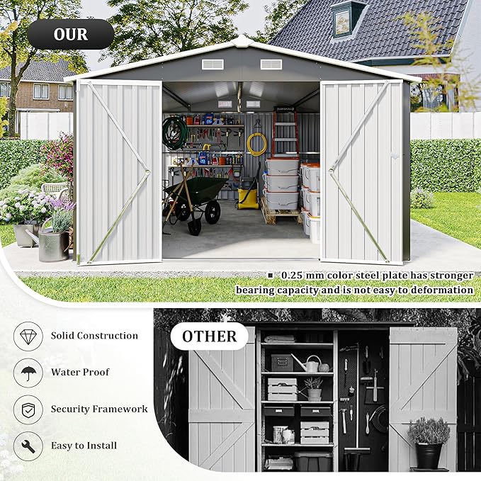 10x14 FT Outdoor Storage Shed, Metal Shed with Floor, Lockable Door & Vents, All-Weather Resin Shed for Garden, Backyard, Patio, Lawn, Dark Gray