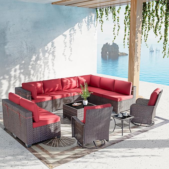 12 Pcs Outdoor Patio Furniture Set Outdoor Furniture All Weather Patio Sectional Sofa PE Wicker Modular Conversation Set with Coffee Table, Swivel Rocking Chair Red