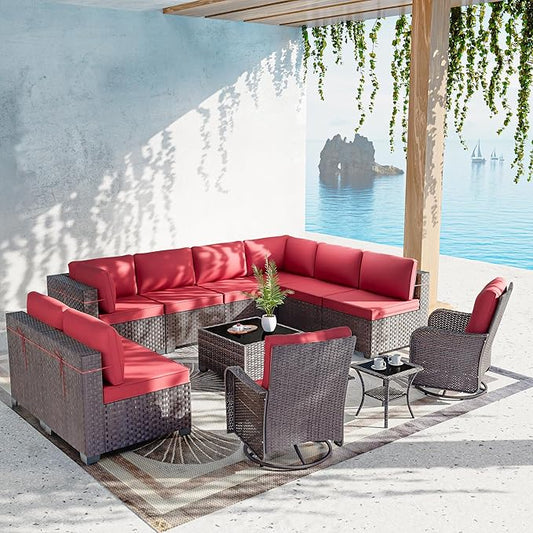 12 Pcs Outdoor Patio Furniture Set Outdoor Furniture All Weather Patio Sectional Sofa PE Wicker Modular Conversation Set with Coffee Table, Swivel Rocking Chair Red