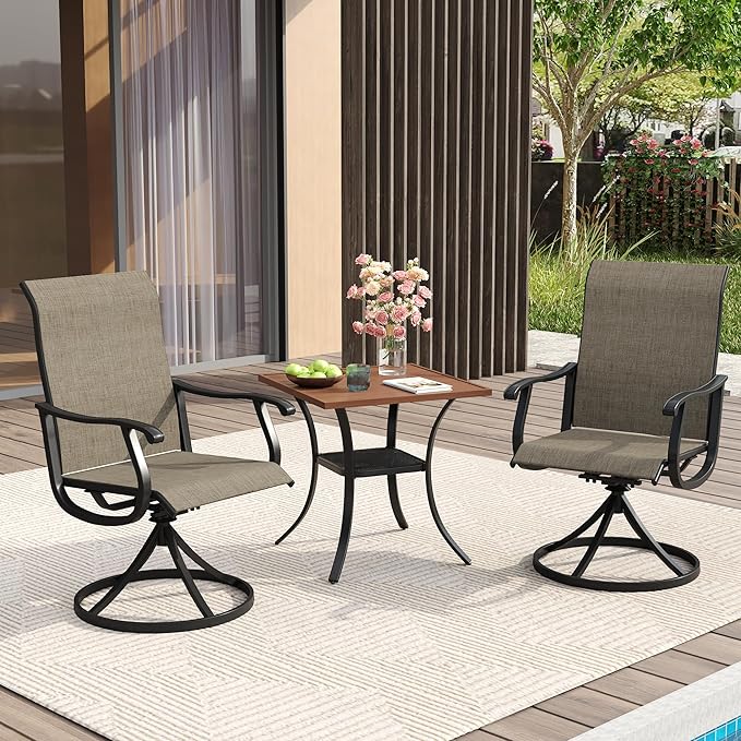 VICLLAX 3 Pieces Patio Dining Set Includes 28" Square Small Outdoor Table and 2 Patio Swivel Chairs for Lawn Garden, Walnut Tabletop and Mixed Brown Fabric
