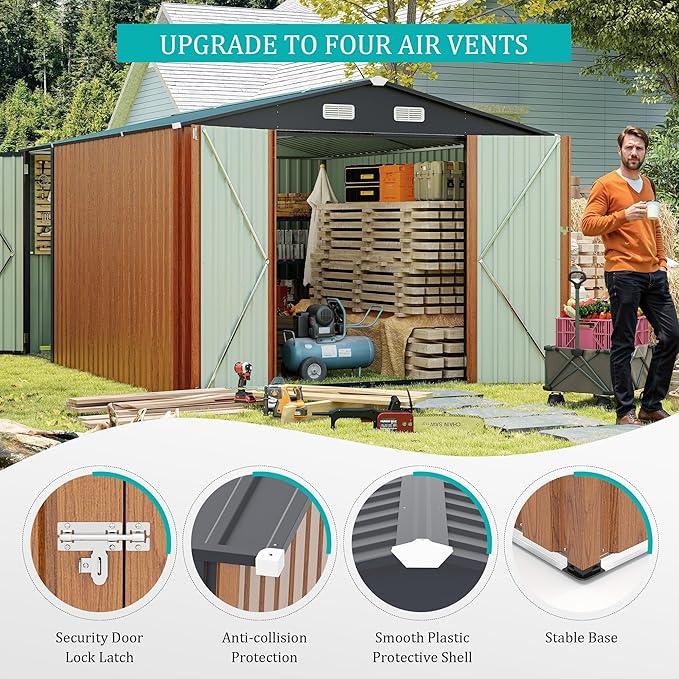 9x11 FT Outdoor Metal Storage Shed with Lockable Door, Steel Garden Utility Shed with Vents, Backyard Patio Tool Shed for Lawn Equipment, Bike, Firewood and Mower Storage, Brown