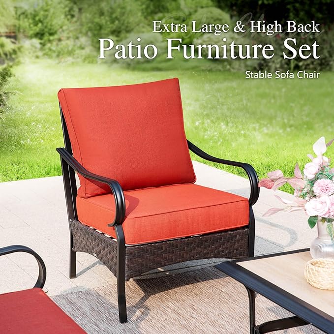 Sophia & William Patio Furniture Set, 4 Piece Metal Outdoor Conversation Set with 3-Seater Outdoor Couch, 2 Sofa Chairs, 1 Coffee Table for Outdoor Seating, Backyard, Porch(Red)