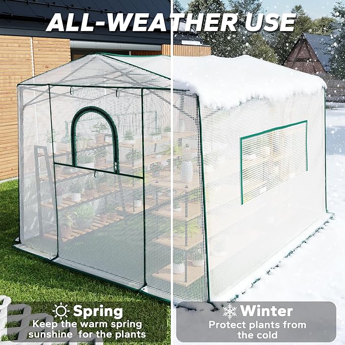8.7'x 6.6'x 7' Small Walk-in Greenhouse for Outside & Indoor with 2 Roll-up Zipper Doors, 4 Ventilated Mesh Windows, Patio Plant Gardening Greenhouse for Backyard