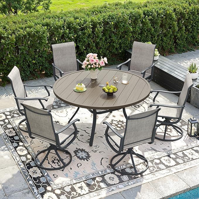 DIFY 7 Pieces Outdoor Patio Dining Set, 6 Grey Textilene Swivel Dining Chairs and 47.2" Grey Wood-Like Round Dining Table, Metal Outdoor Table and Chairs