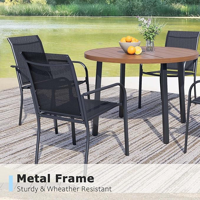 5 Pieces Round Dining Table Set for 4, Patio Dining Set Includes 4 Black Stackable Patio Chairs and 1 Walnut Round Table, Patio Furniture Sets with Sling Support for Outside, Garden