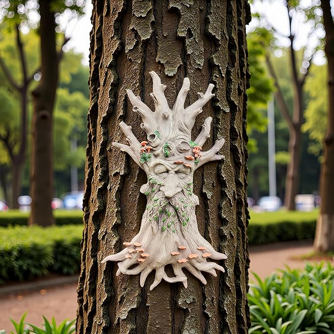Whimsical Tree Face Garden Decoration ，Tree Faces Decor Outdoor Wallmounted Statue Art with Leaf Features, Outdoor Decor Garden Accessory.(Mushroom)