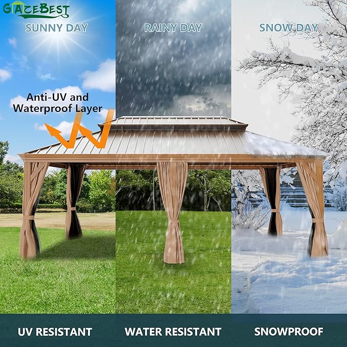 12'x20' Hardtop Gazebo, Outdoor Aluminum Patio Gazebo Double Roof Galvanized Steel Wooden Finish Coated Canopy with Netting and Curtains for Garden, Patio, Backyard, Deck and Lawns.