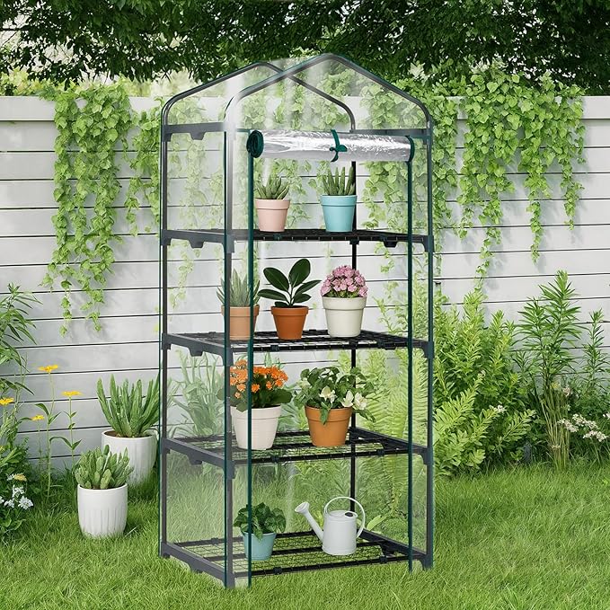 Outvita Mini Greenhouse, Small PVC Plant Green House with 4 Tiers Rack, Shelf Clips, Roll-up Zipper Door, Gardening Supplies for Indoor Outdoor Seedling Frost Protection, 27"x19.6"x63" Transparent